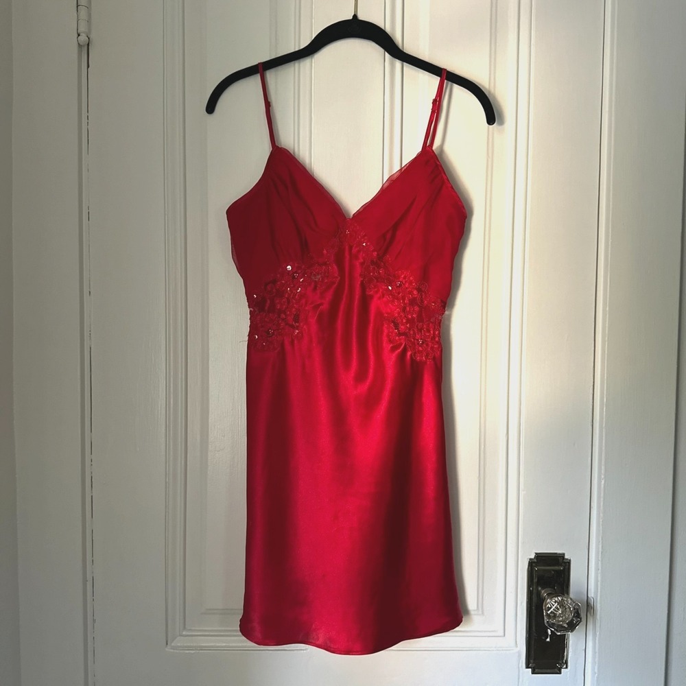 Vintage Victoria's Secret Gold Label Red Satin Slip Dress Lace Sequin Size S